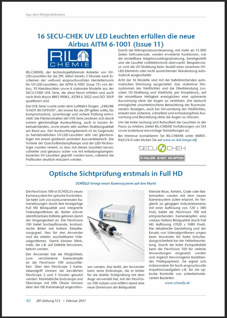 UV-LED luminaires with the Airbus AITM 6-1001 standard in the ZfP-Zeitung No. 153